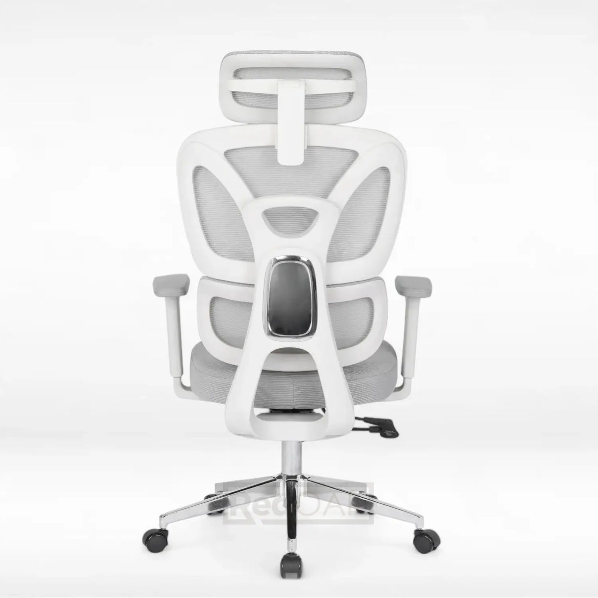 White office chair with mesh back on a white background