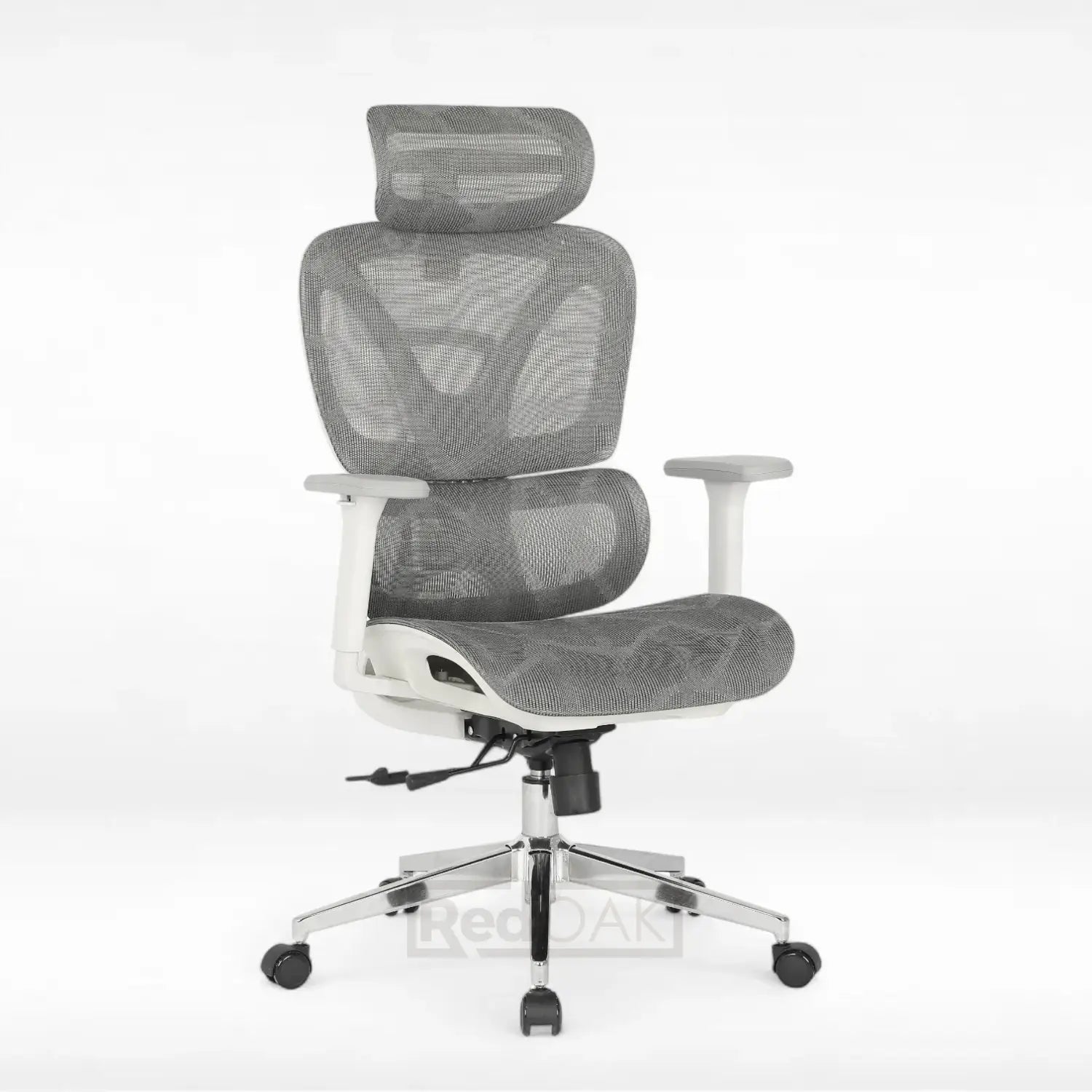 Gray mesh office chair with white frame on a white background