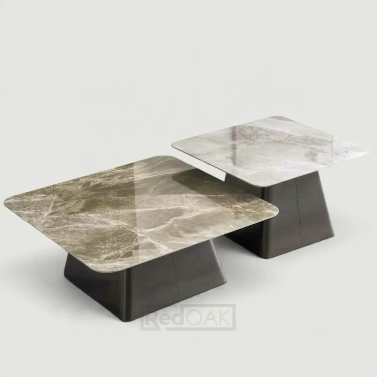 Two modern square coffee tables with glossy brown and gray marble-patterned tops and dark charcoal bases, shown on a light gray background.