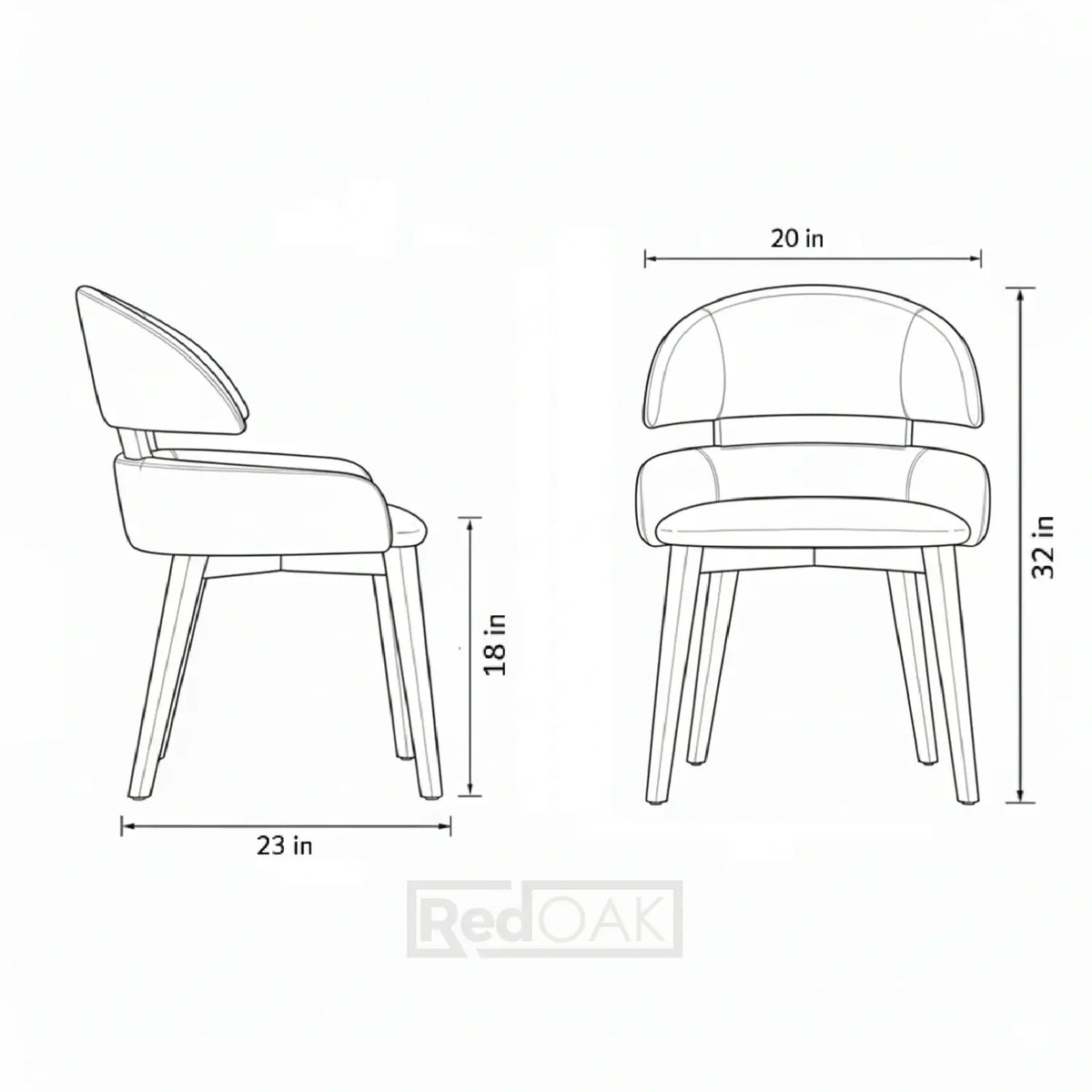 Line drawing of a chair with dimensions labeled