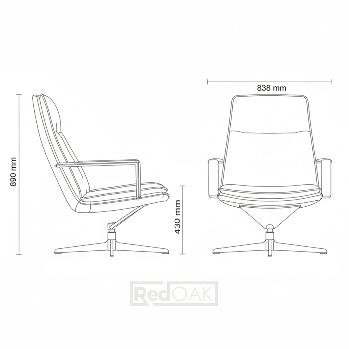 Line drawing of a chair with dimensions labeled
