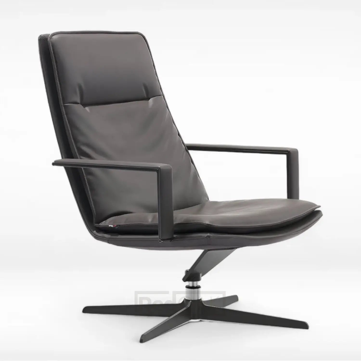 A black leather swivel office chair with armrests and a five-point metal base.