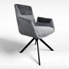 Gray upholstered chair with black metal legs on a white background