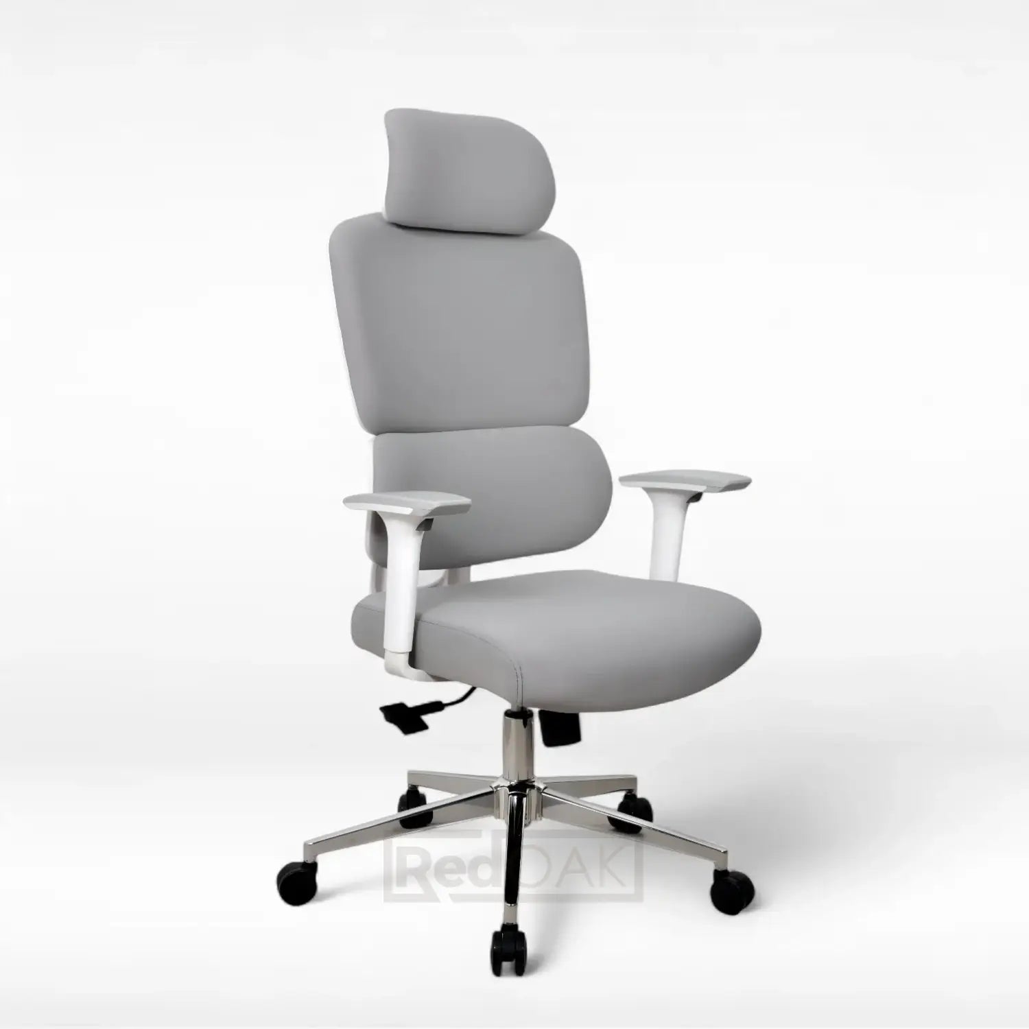 Gray office chair with adjustable headrest on a white background