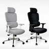 Two office chairs, one gray and one black, on a white background