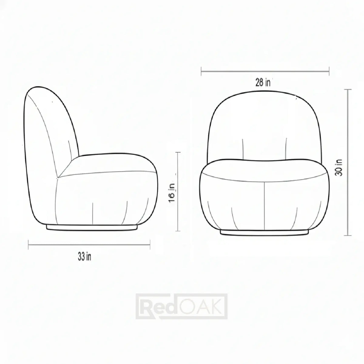 Line drawing of a modern chair with dimensions labeled
