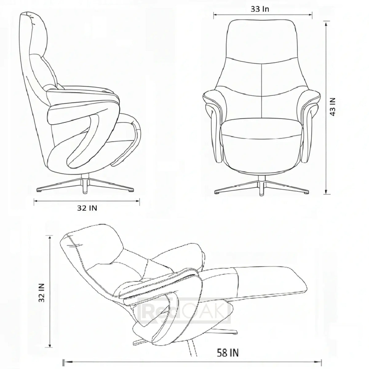 Dimensions of a recliner chair shown in multiple views with measurements.