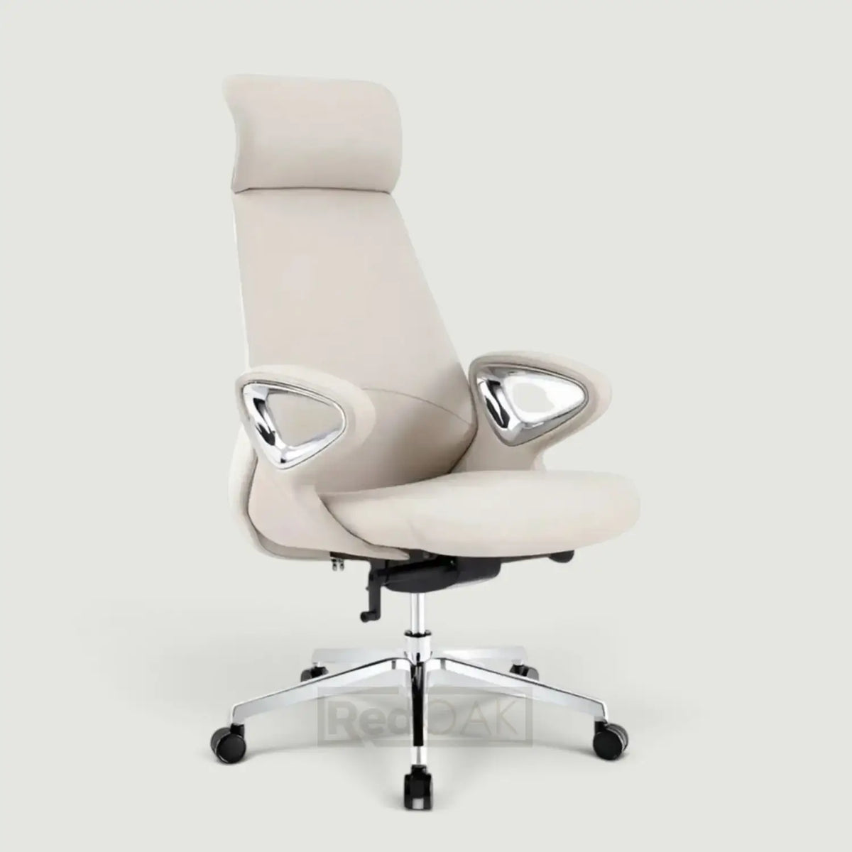 A high-back office chair upholstered in light beige leather with chrome armrest supports and a five-star black caster base, shown against a plain white studio background.