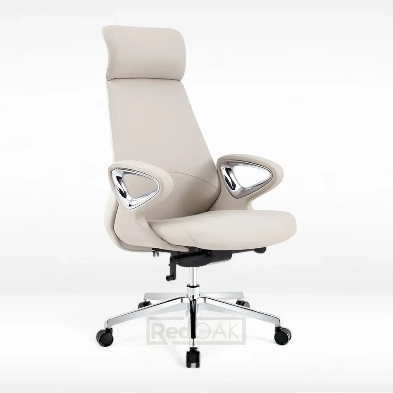 A high-back office chair upholstered in light beige leather with chrome armrest supports and a five-star black caster base, shown against a plain white studio background.