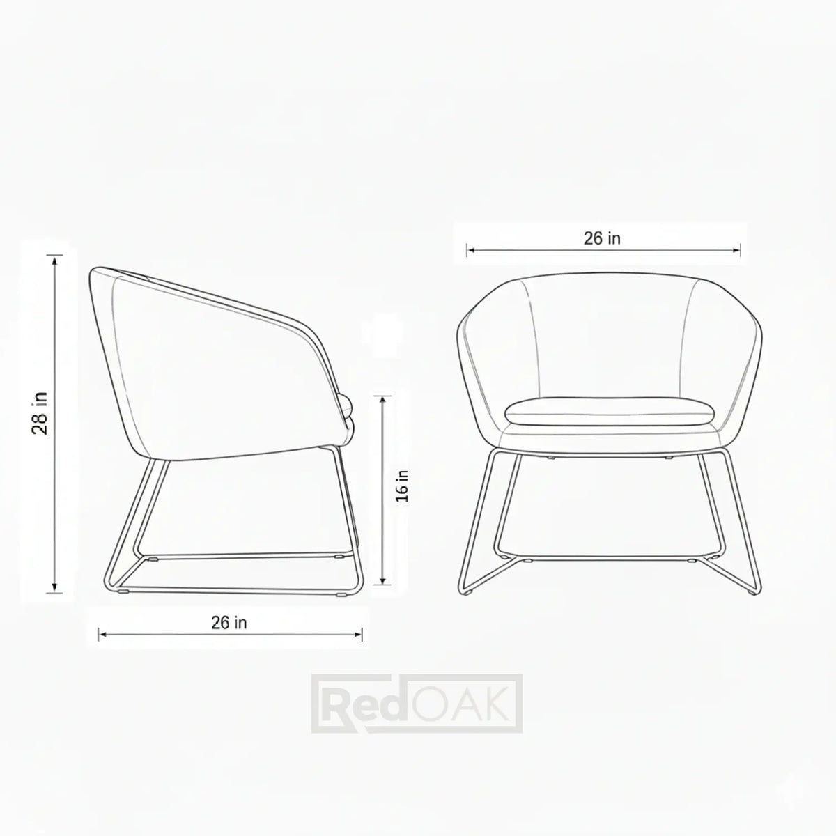 Dimensions of a modern chair with measurements in inches.