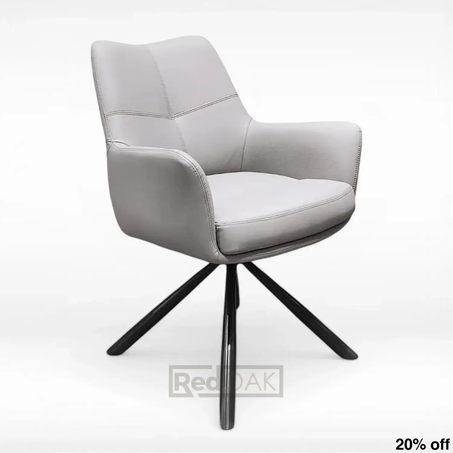 A modern dining chair with beige leatherette upholstery, featuring an auto return swivel mechanism, armrests, and a five-pointed metal leg base.