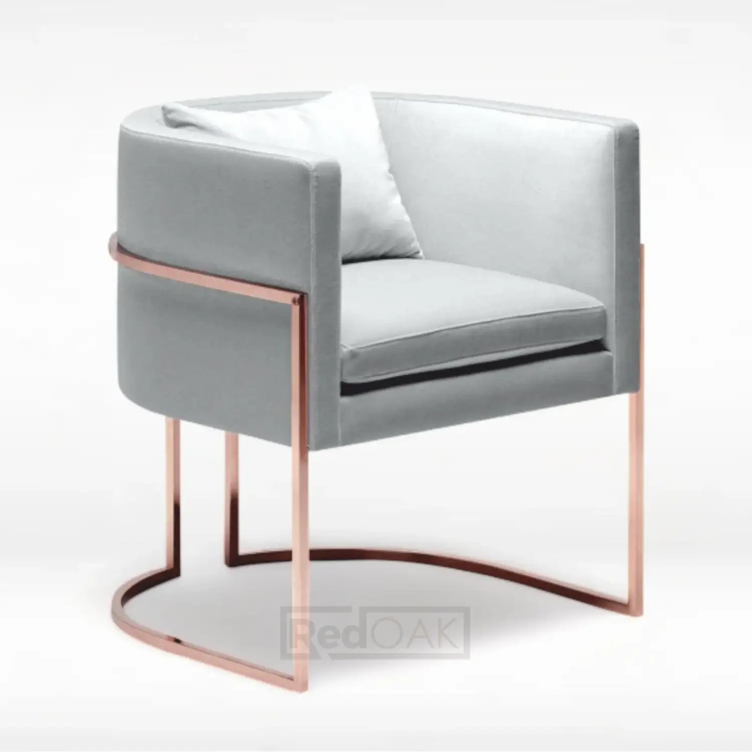 A gray upholstered lounge chair with gold colored metal frame and metal legs.