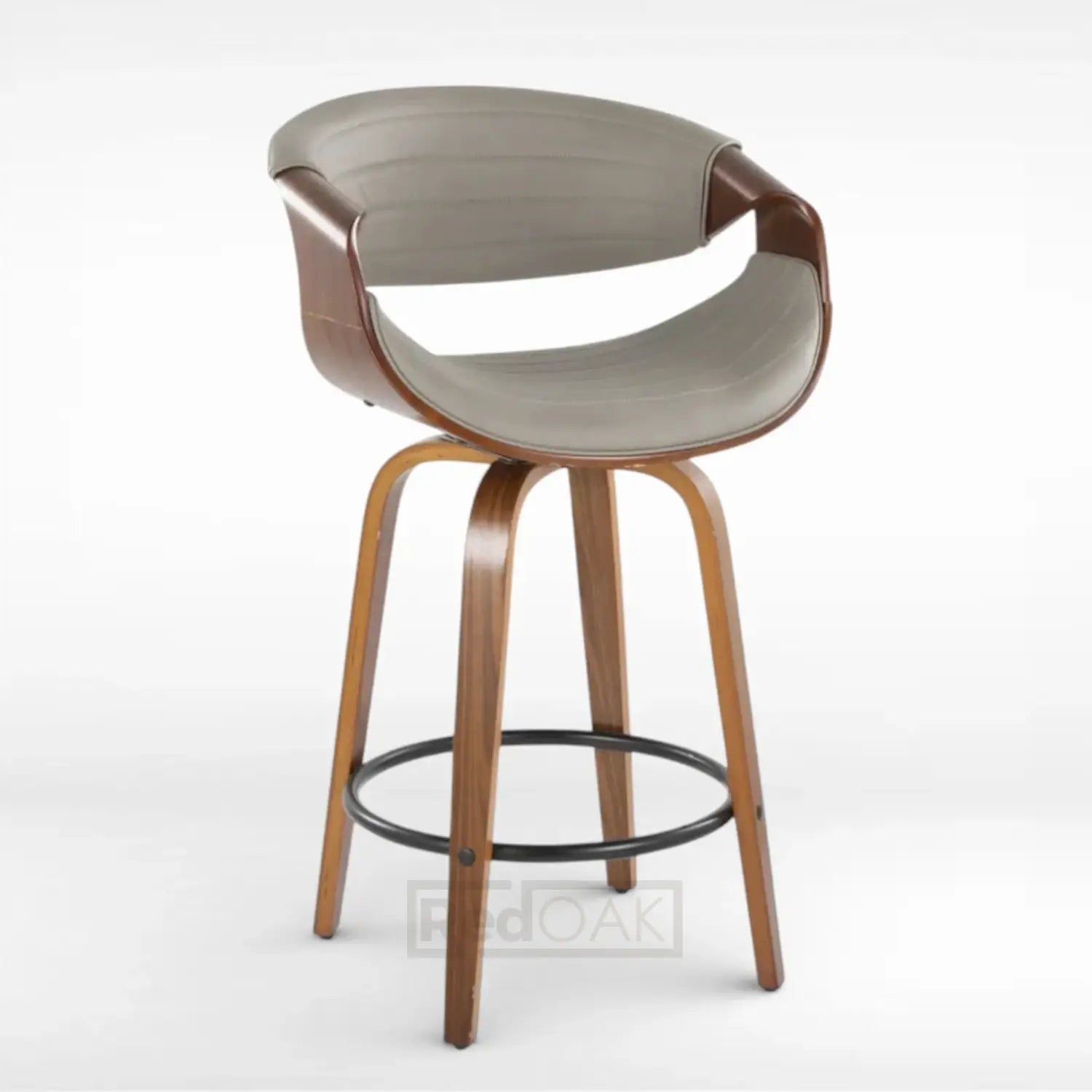 Bar stool with wooden legs and a gray cushioned seat on a white background