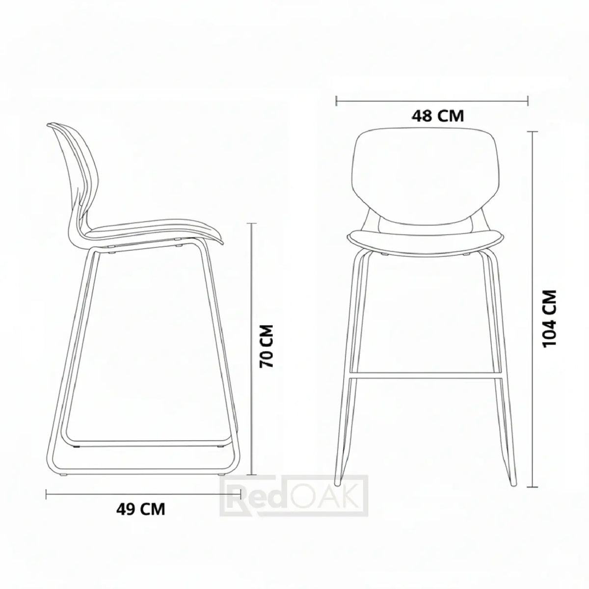 Line drawing of a stool with dimensions labeled