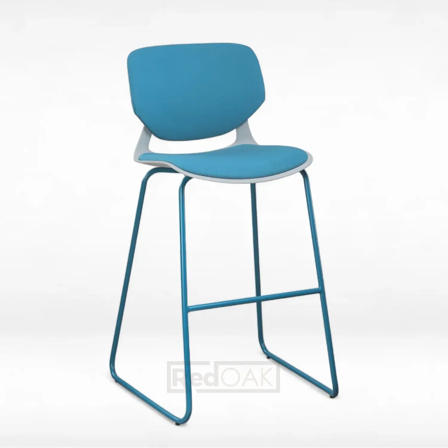 A modern bar stool with a padded seat and backrest, featuring a cool blue color with a warm yellow seat pad, and a vibrant red frame.