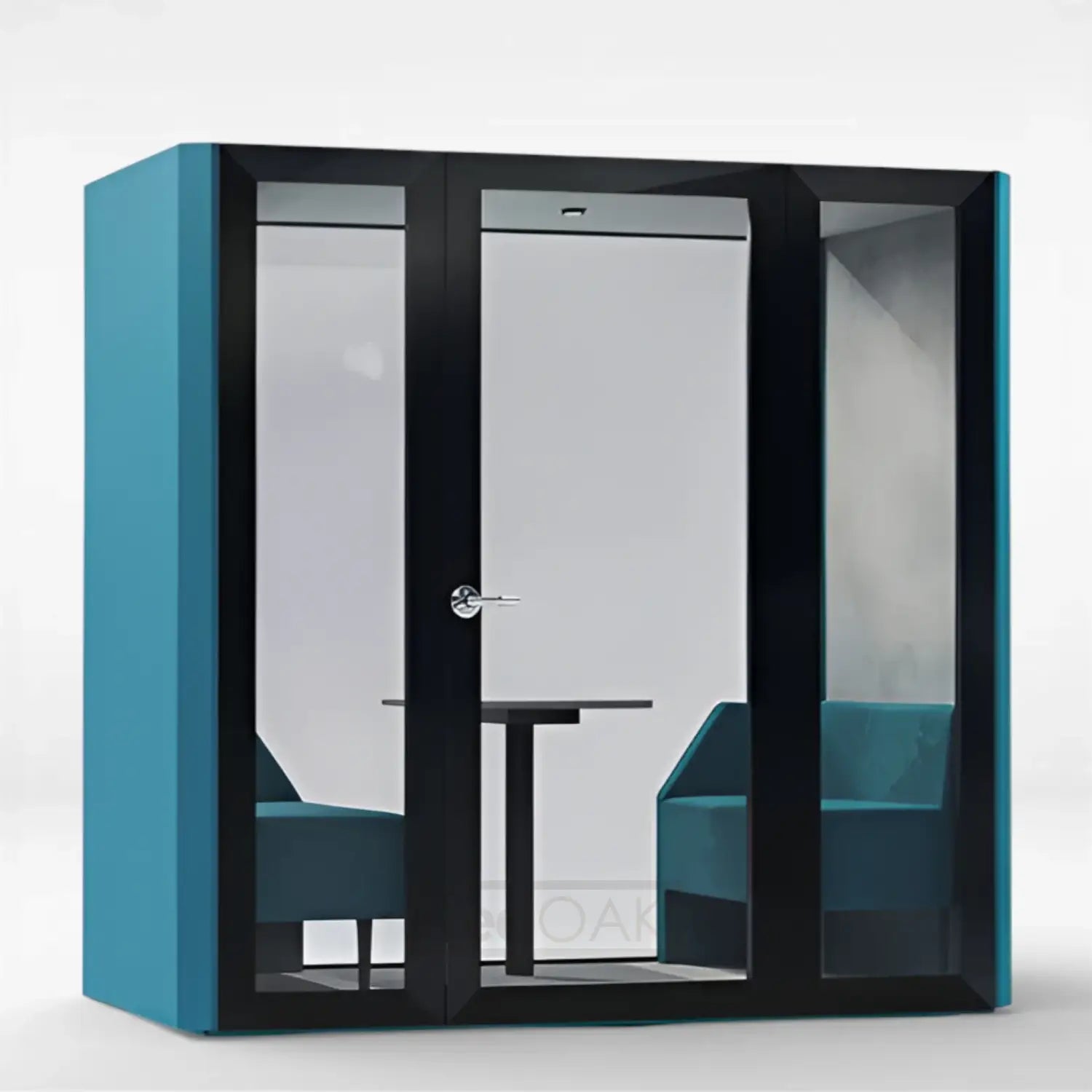 Modern office pod with teal interior and glass walls on a white background