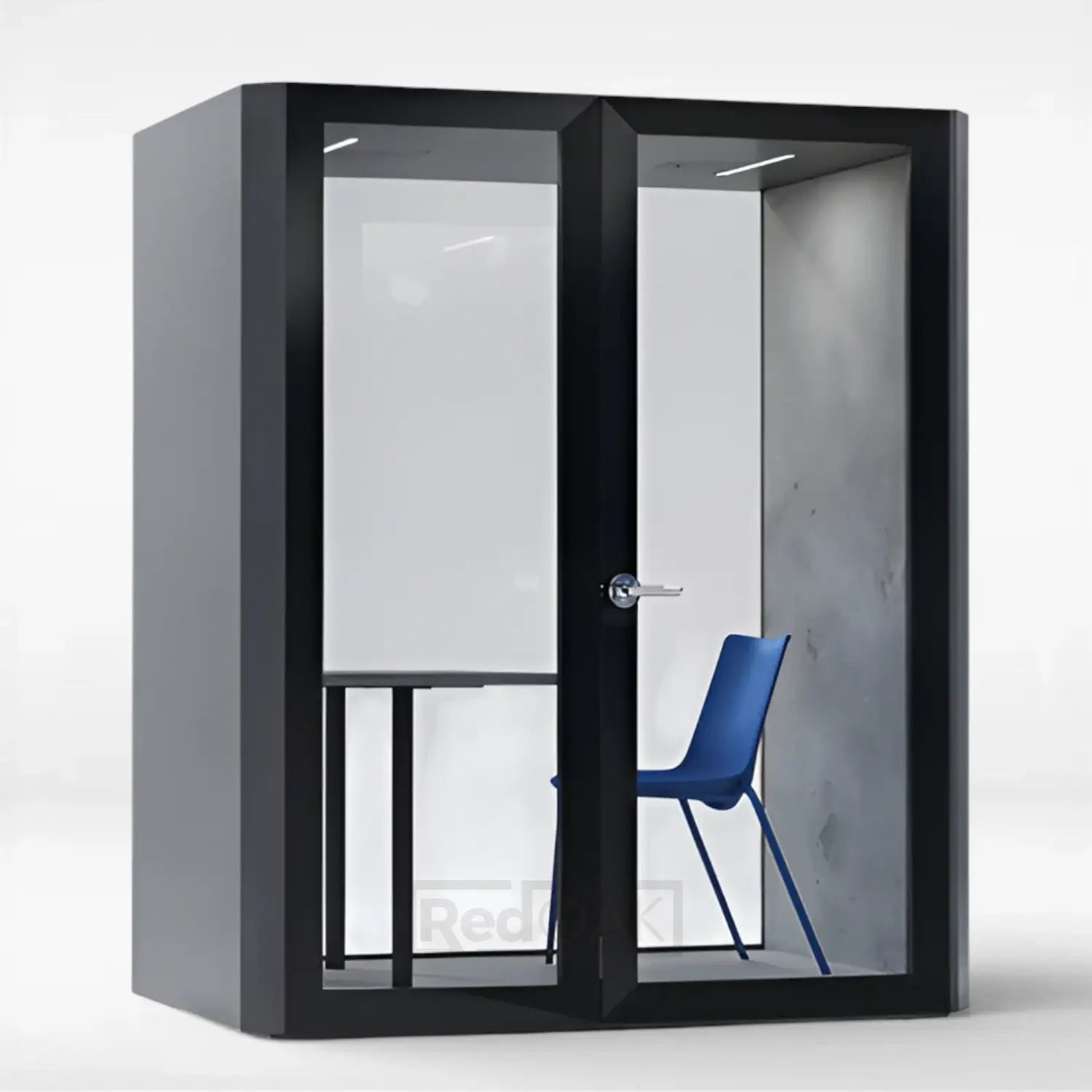 Small office pod with a blue chair inside on a white background