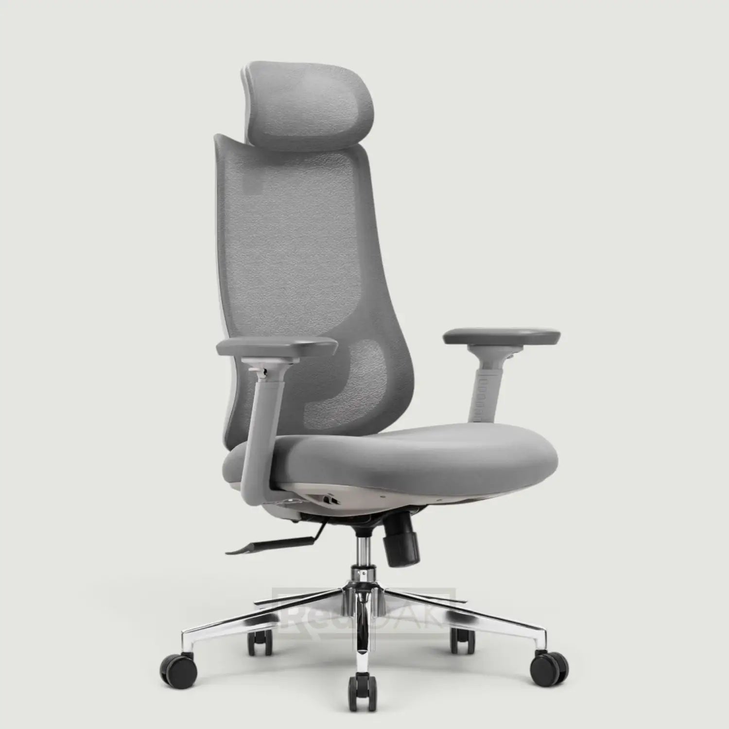 A modern gray mesh ergonomic office chair with a headrest, adjustable armrests, and a chrome five-star base with black casters, shown against a light gray background.
