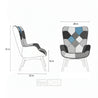 Dimensions of a patchwork chair with measurements on a white background