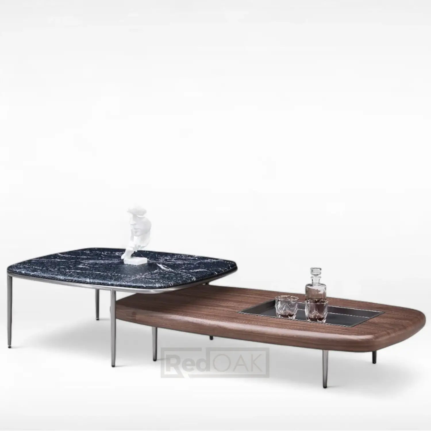 Two modern coffee tables, one with a dark marble top and the other with a wooden top, on a white background.