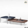 Two modern coffee tables, one with a dark marble top and the other with a wooden top, on a white background.