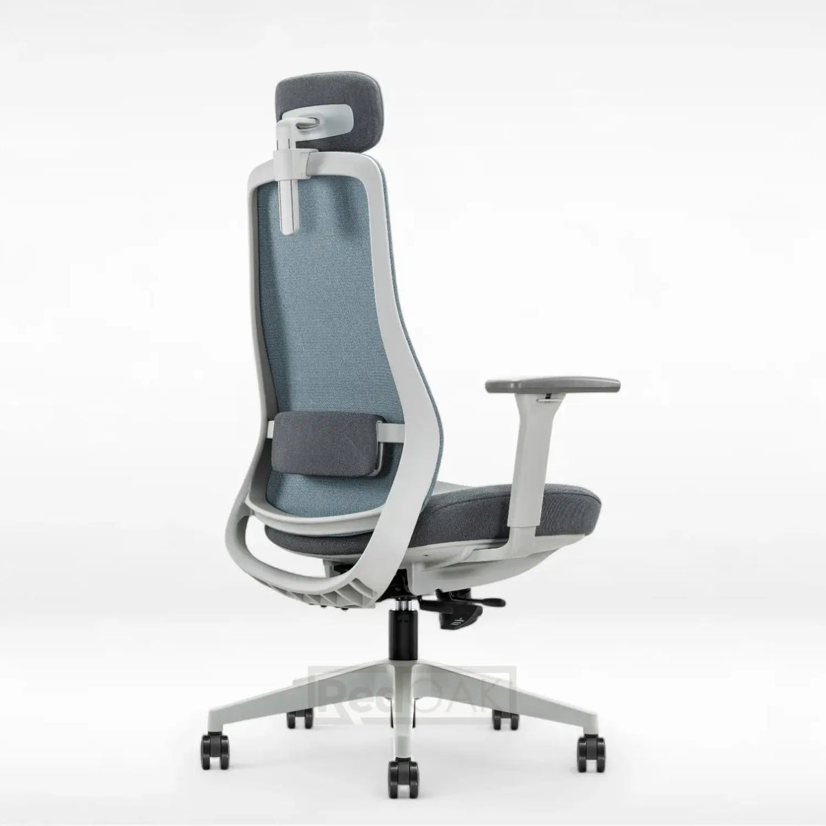 Ergonomic office chair with gray mesh back and seat on a white background