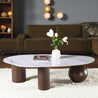Modern living room with a brown sofa, marble coffee table, and decorative elements.