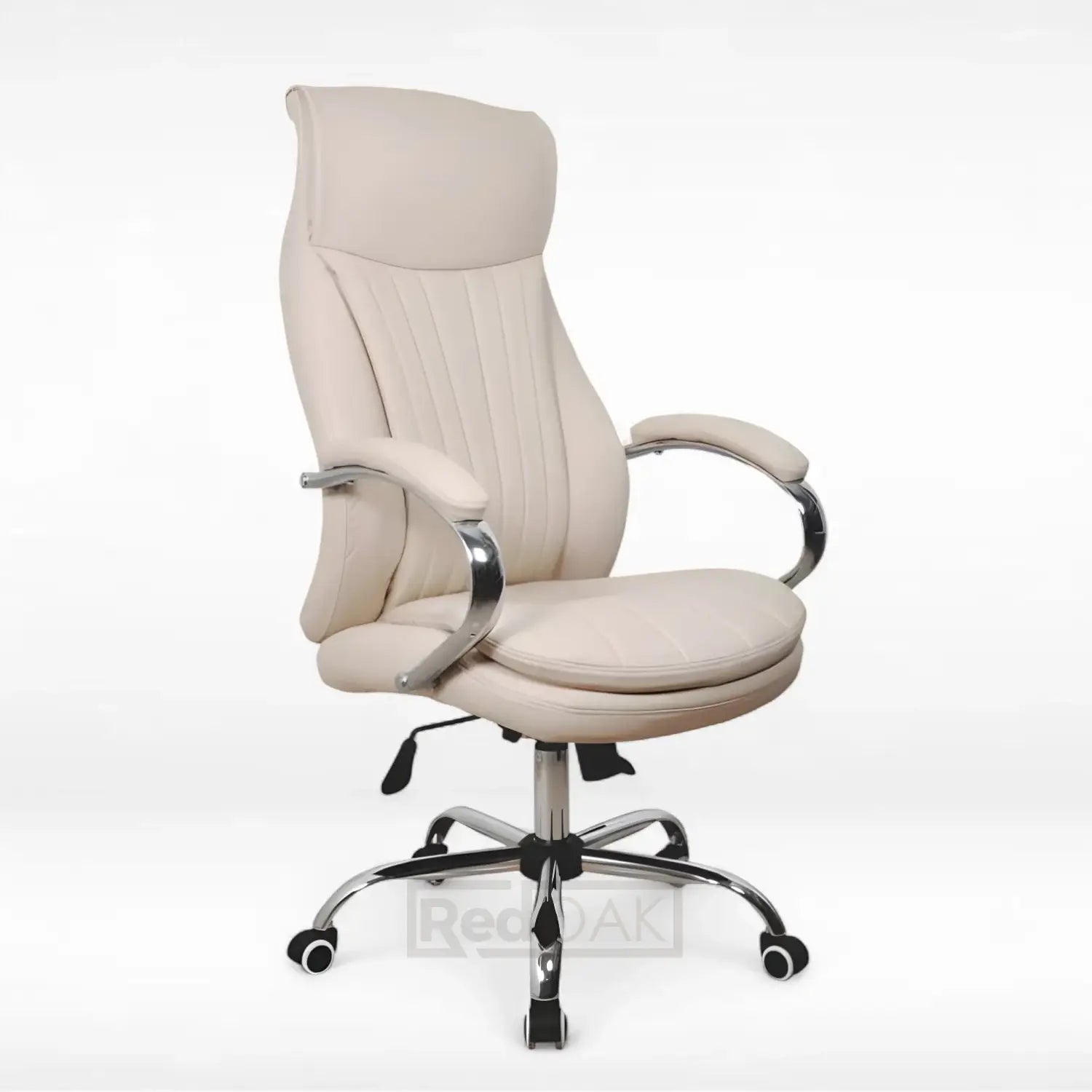 Beige office chair with chrome accents on a white background