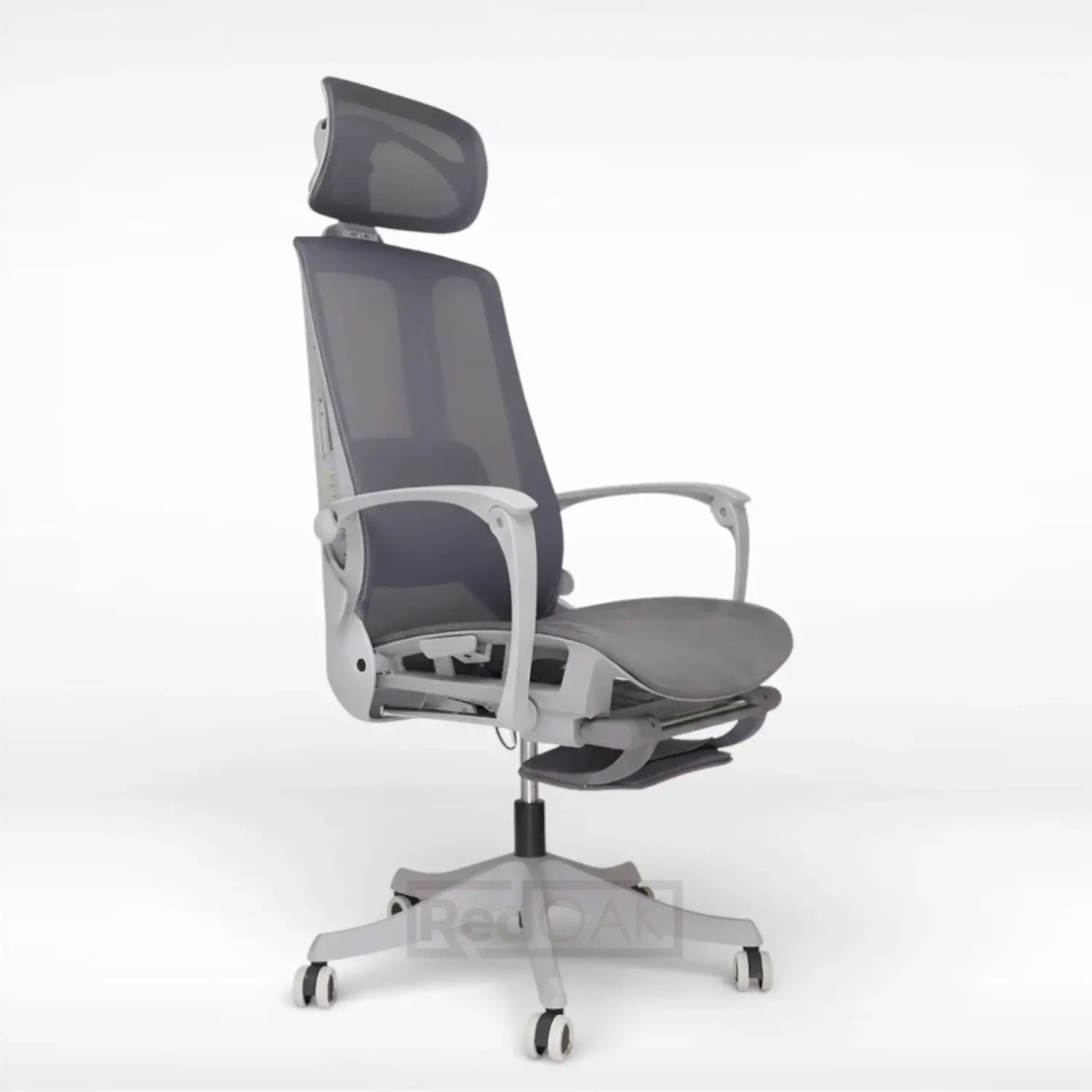 Gray office chair with mesh backrest on a white background
