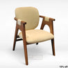 Chair with wooden frame and beige cushion on a white background