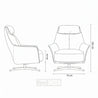 Line drawing of a modern armchair with dimensions on a white background