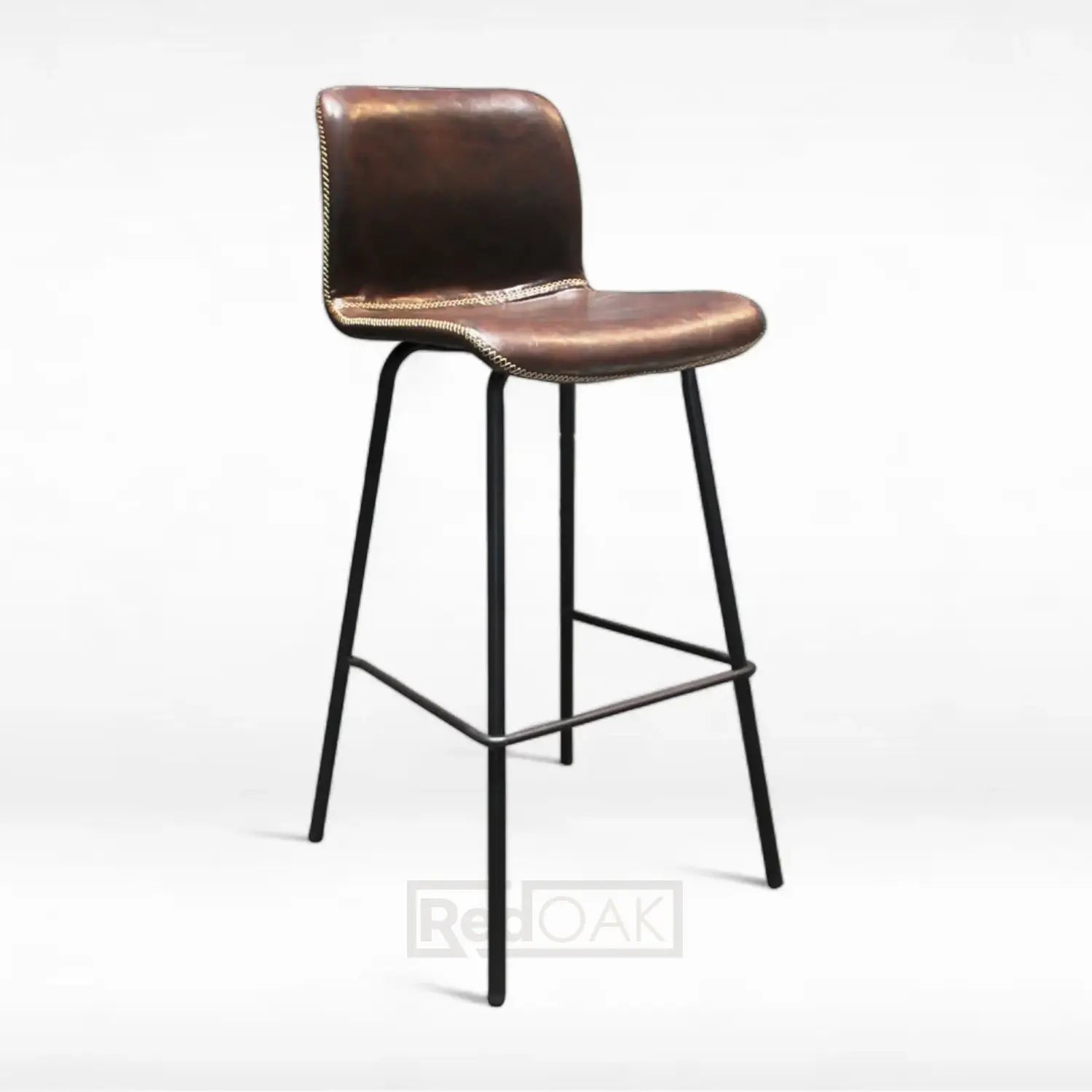 A brown leatherette barstool with black metal legs and a crisscross stitch design on the seat.