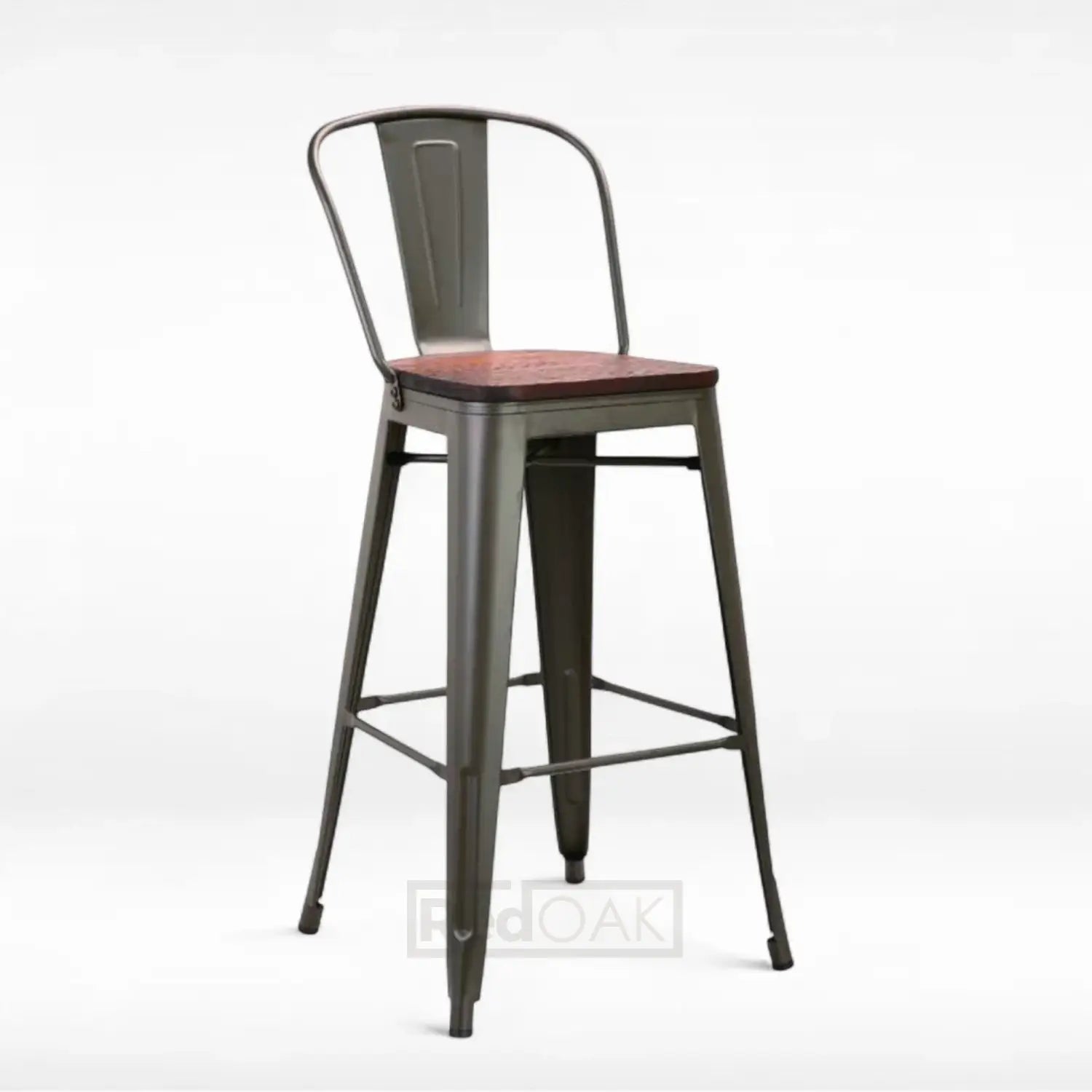 Bar stool with metal frame and wooden seat on a white background