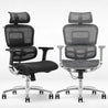 Two black office chairs with mesh backrests on a white background