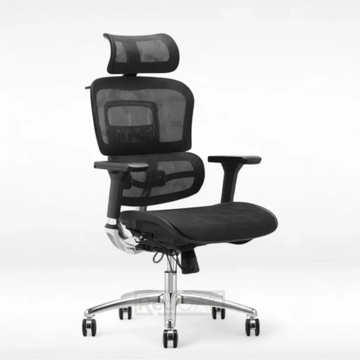 Black office chair with mesh backrest on a white background