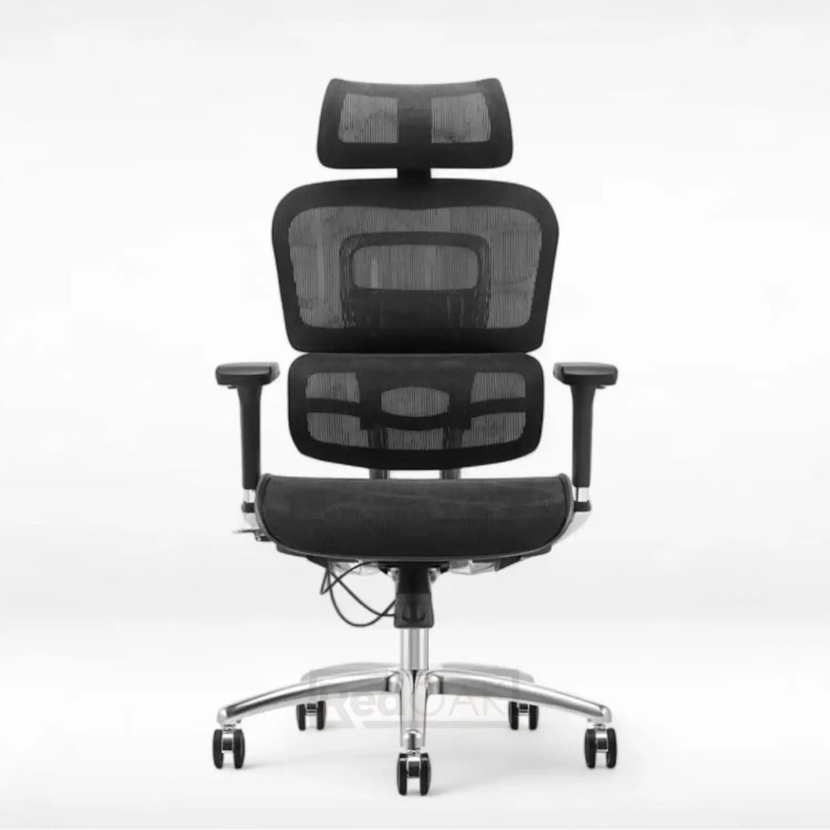 Black office chair with mesh backrest on a white background