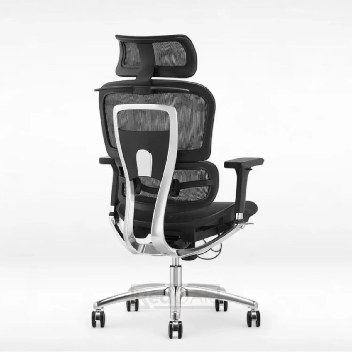Black office chair with mesh backrest on a white background