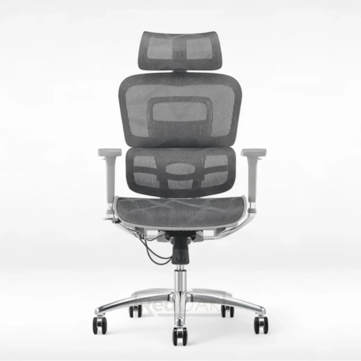 Gray mesh office chair with headrest on a white background