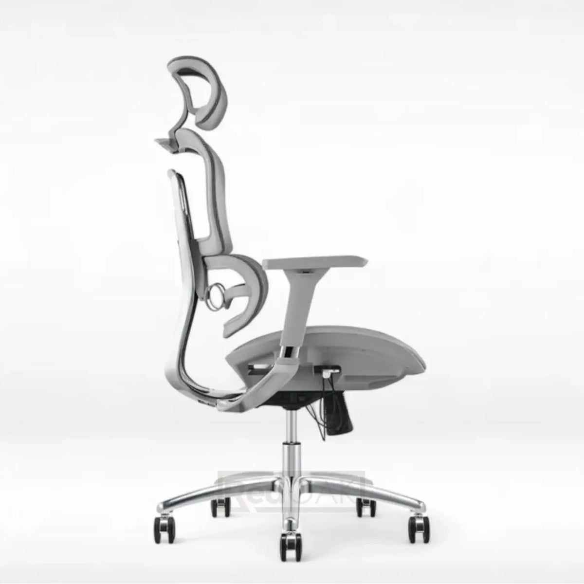 Modern office chair with adjustable armrests on a white background