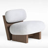 Modern chair with white textured cushions and wooden frame on a white background