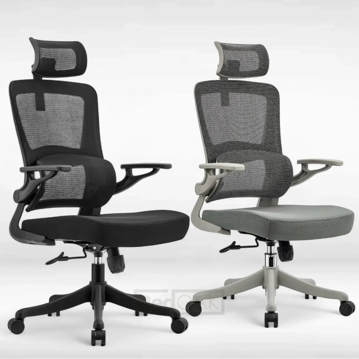 Two office chairs, one black and one gray, on a white background