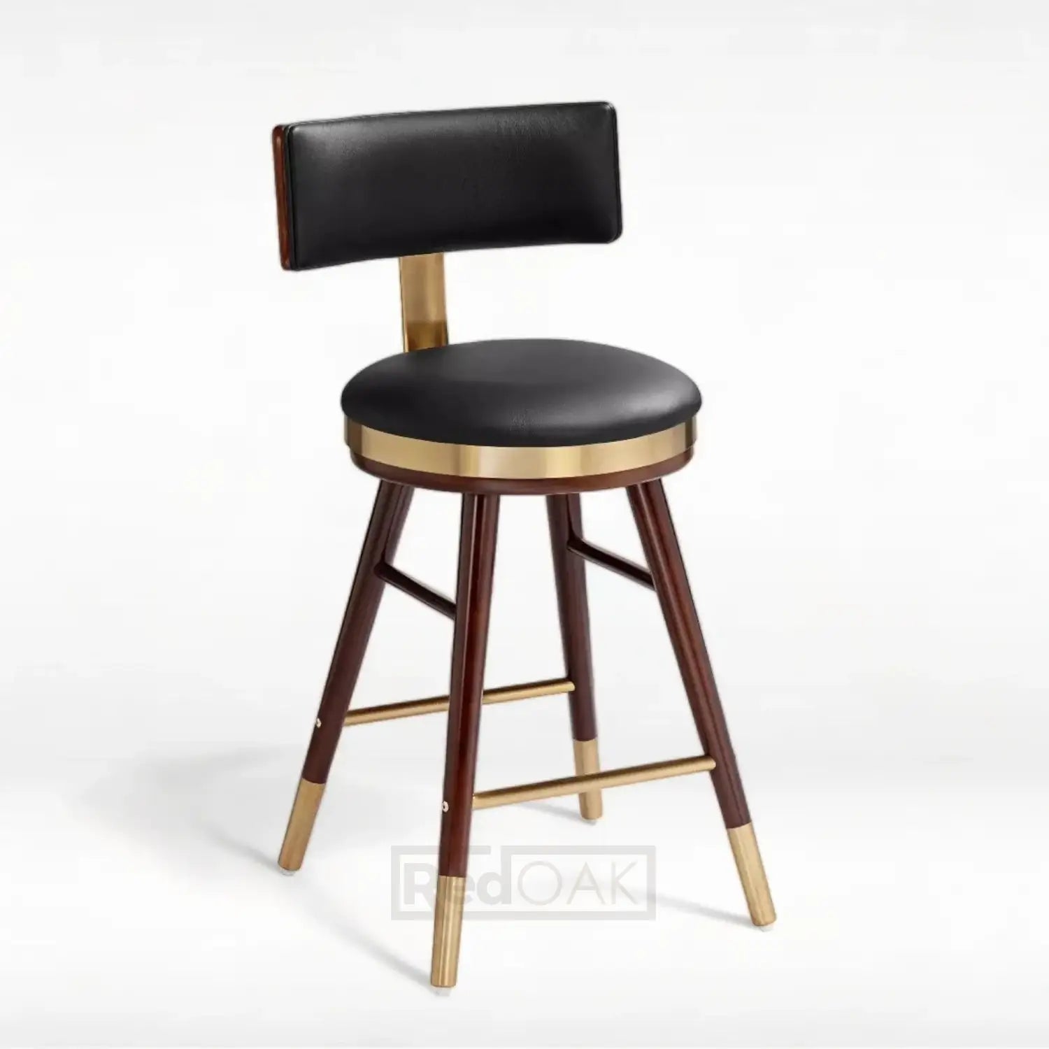A modern black bar stool with a leatherette seat and backrest, featuring a solid wood frame with gold accents and metal footrests.