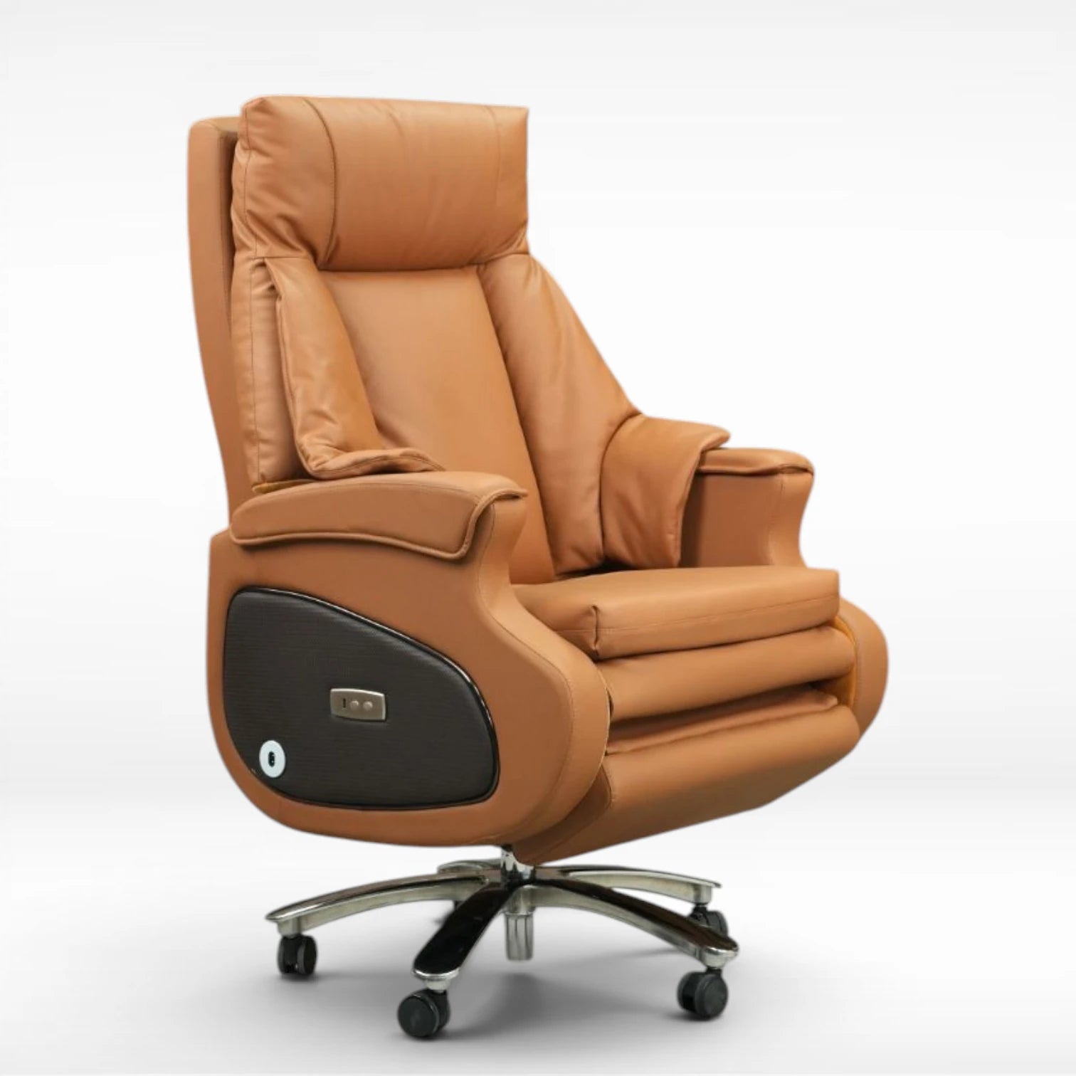Brown leatherette motorised recliner office chair with armrests