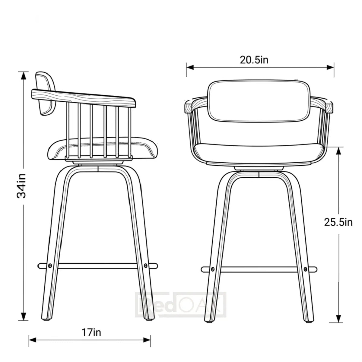 Line drawing of a bar stool with dimensions labeled