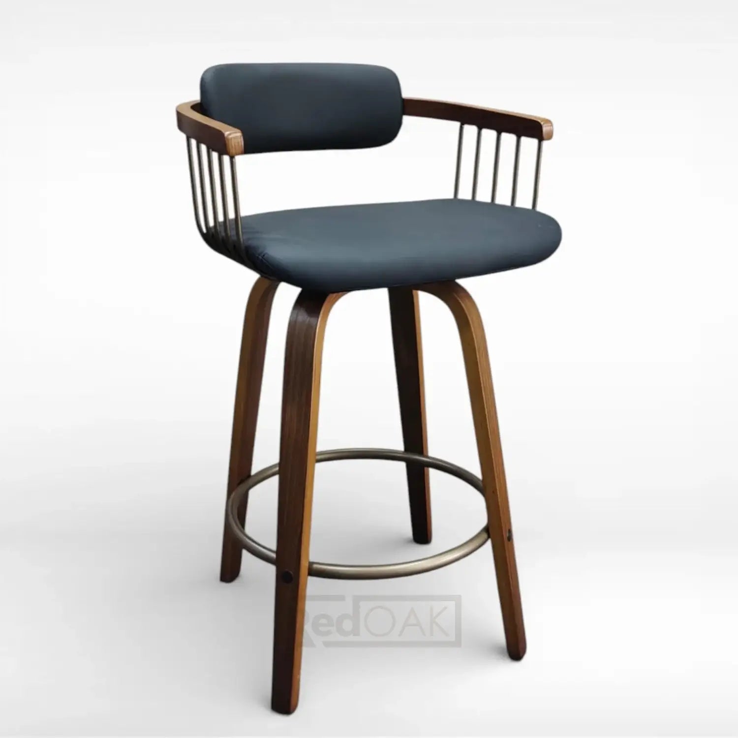Bar stool with dark blue seat and backrest on a white background
