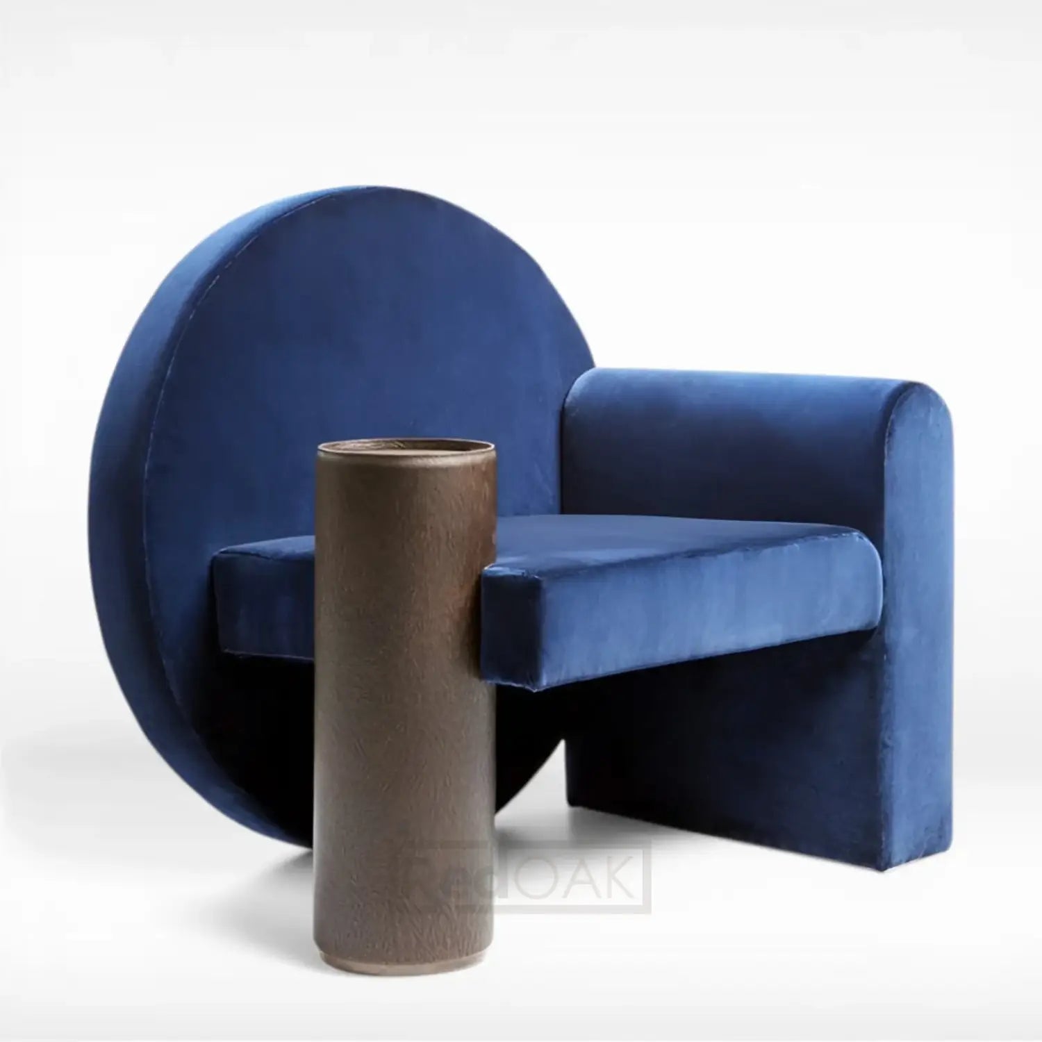 Blue armchair with a cylindrical brown vase on a white background