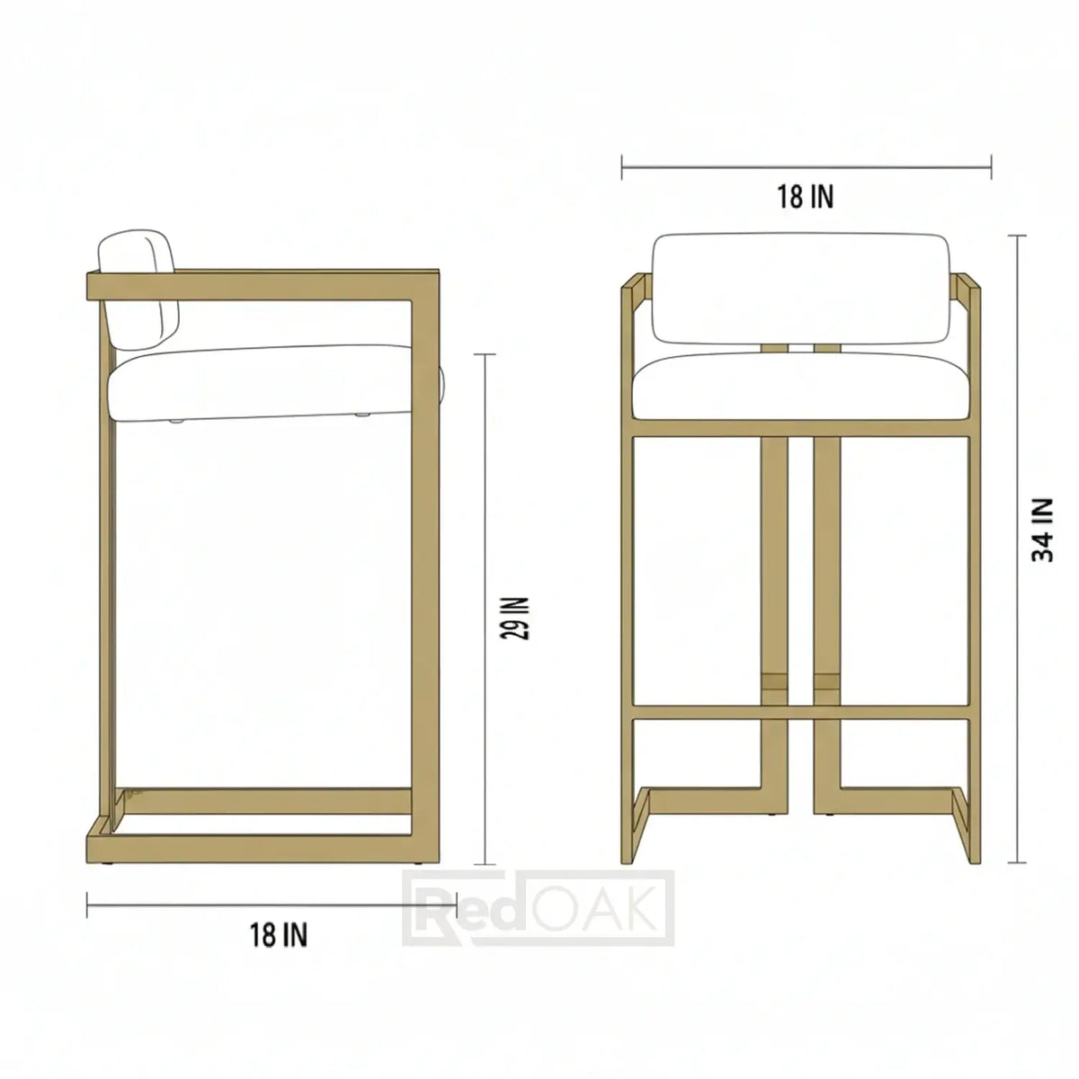 Dimensions of a bar stool with white cushioned seat and beige frame on a white background