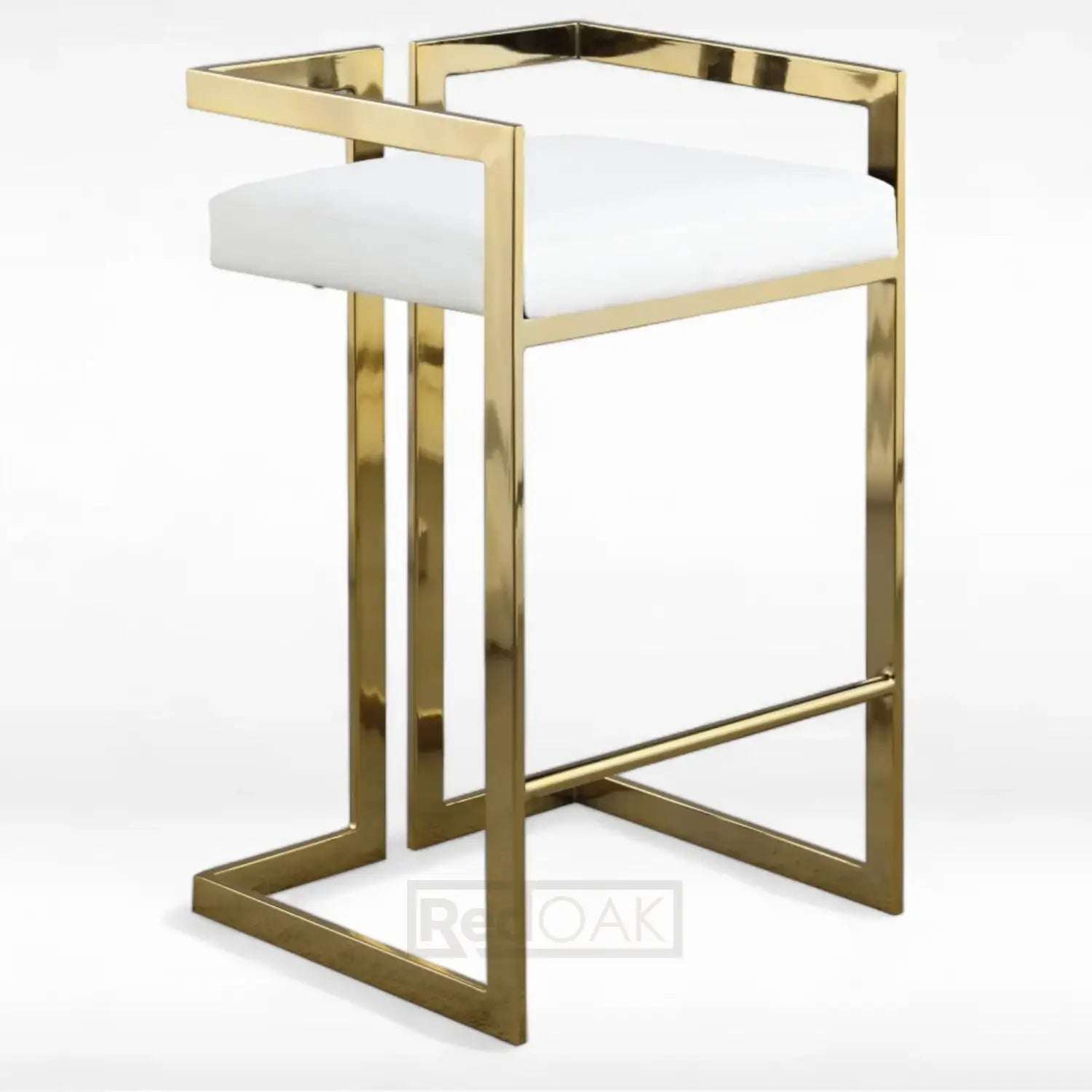 A glossy gold finish barstool with a white cushion seat and low back, featuring metallic elements.