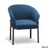 A blue upholstered dining chair with a minimalist design, featuring a high-density foam core and metal frame.
