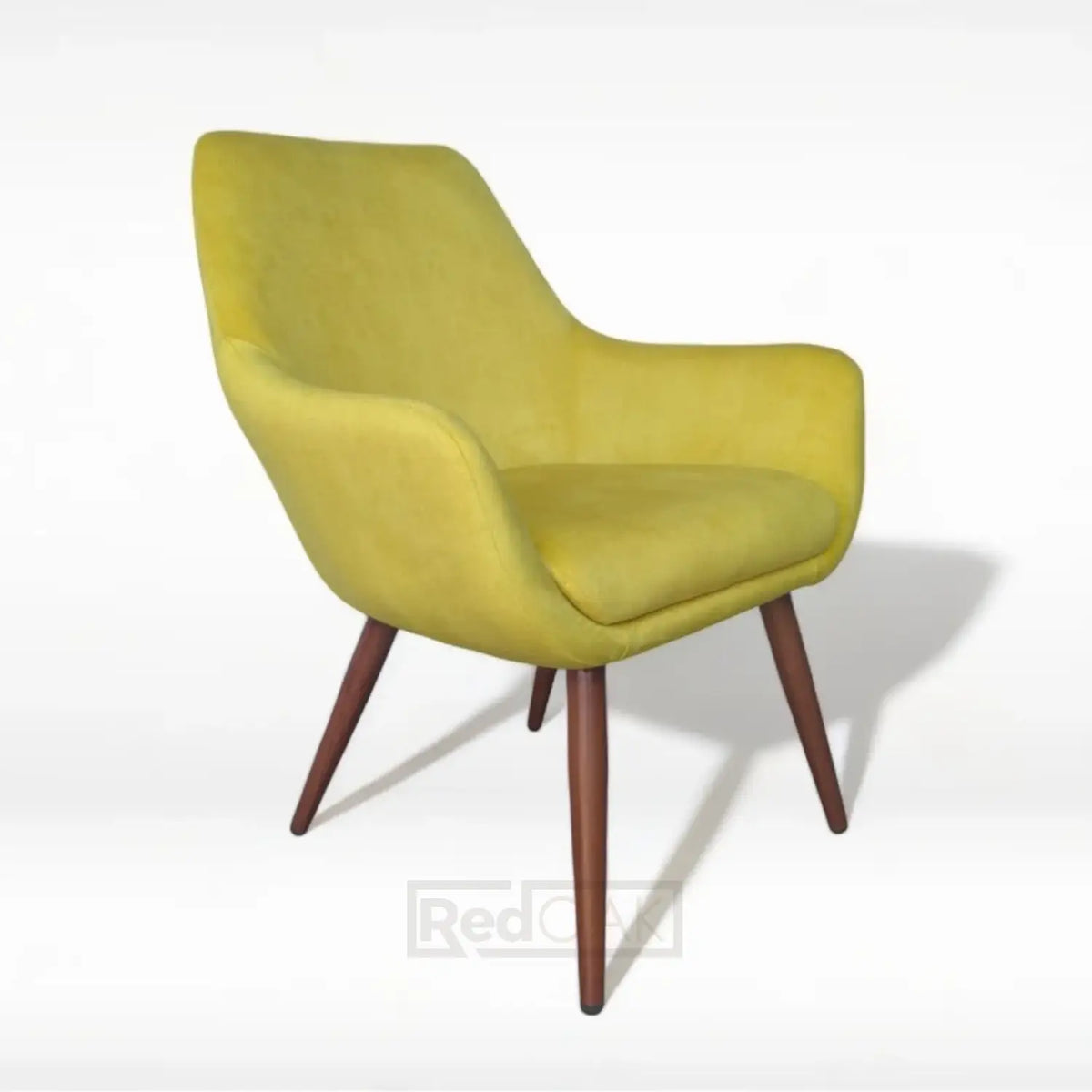 A blue upholstered slipper chair with metal legs and a cushioned backrest and seat.